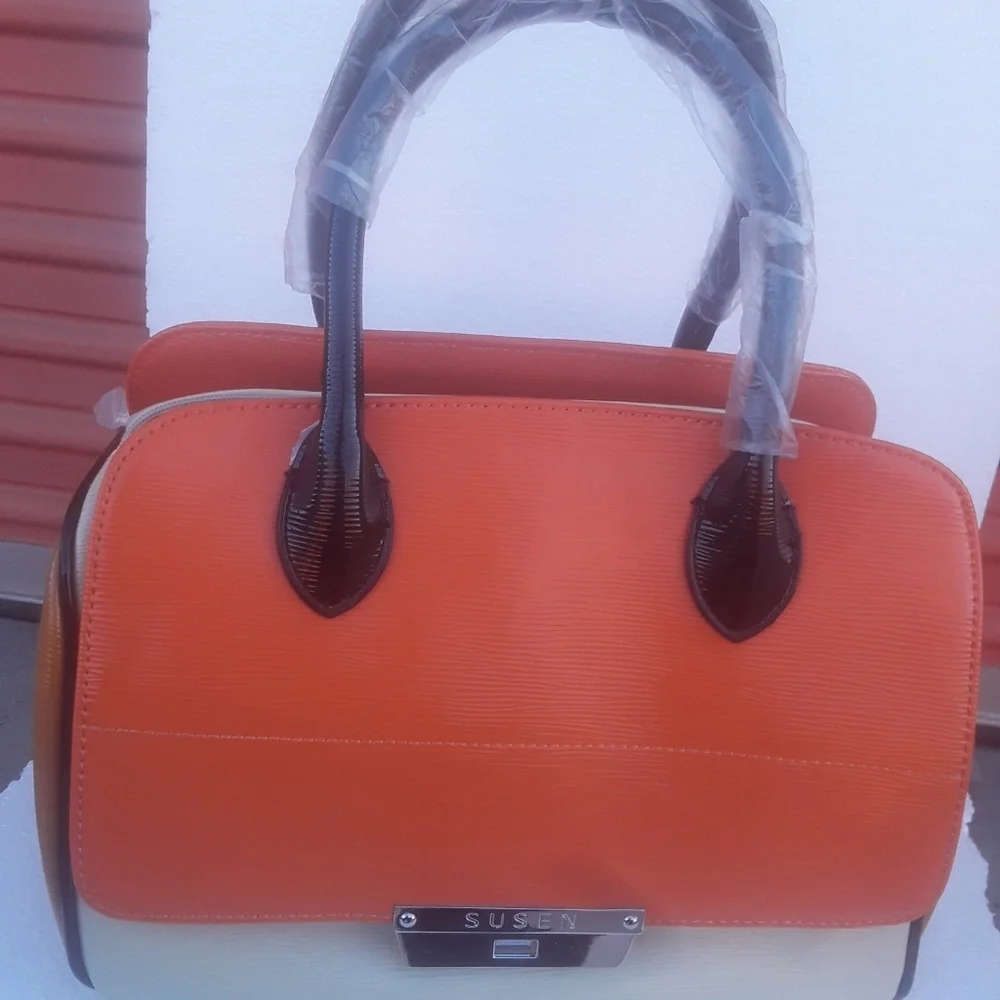 NEW Black Orange Tan Patent color block Doctor Bag Purse Satchel Handbag Chain - Picture 7 of 7